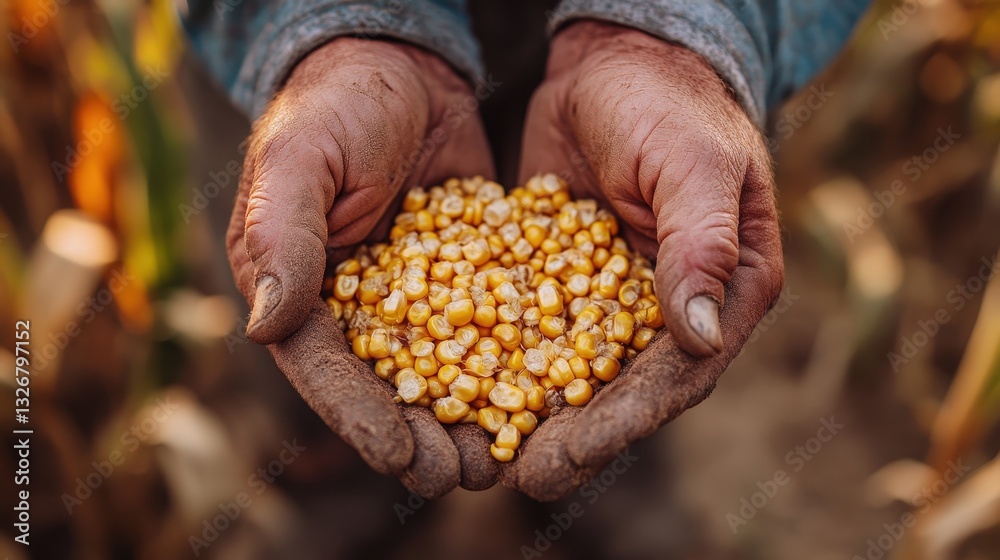 A close-up of a farmer hands holding freshly harvested corn, golden kernels shining A close-up of a farmer hands holding freshly harvested corn, golden kernels shining