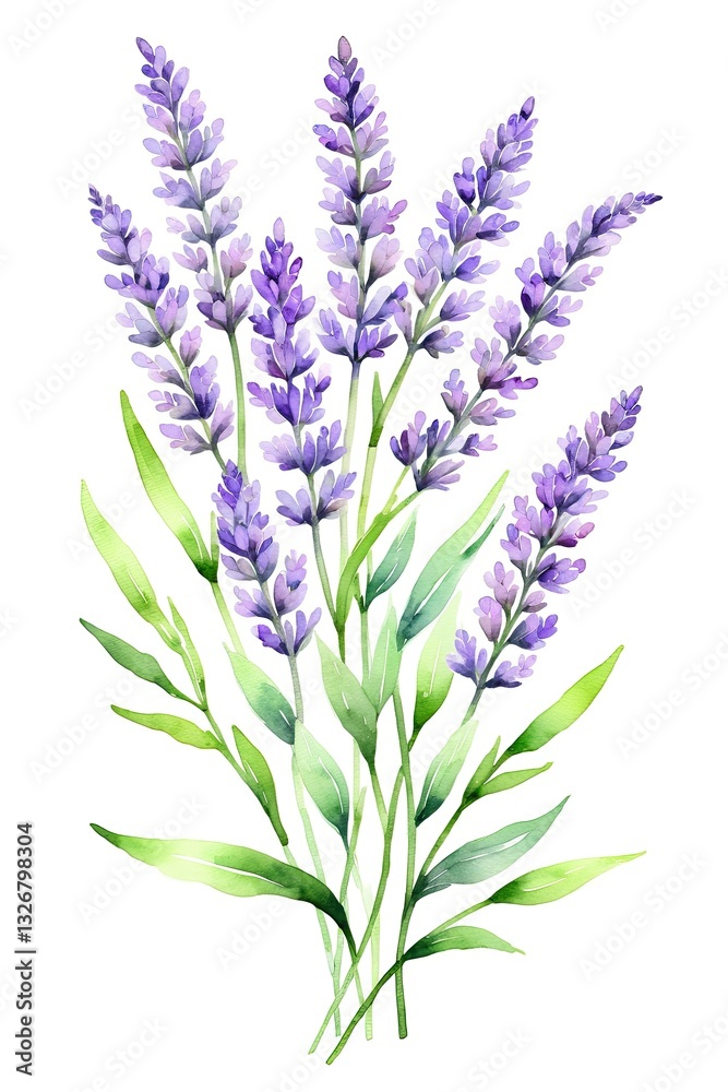 Fototapeta premium Watercolor painting featuring a bouquet of lavender flowers with green leaves, isolated on a white background