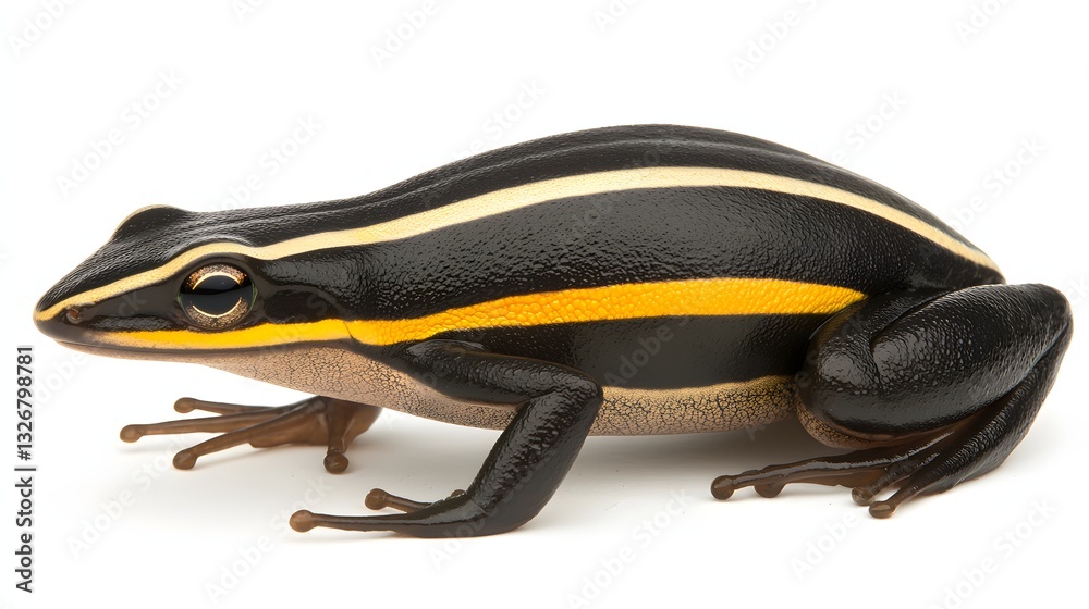 Obraz premium Close-Up Portrait of a Striped Frog with Black and Yellow Pattern on White Background
