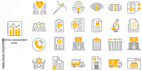 Hospital Management simple concept 24 colour icons set. Contains such hospital, management, care, set, health, insurance, emergency, job .Vector illustration.