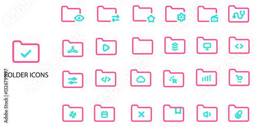 Folders simple concept 24 colour icons set. Contains such audio, video, image, system, archive, code and document file .Vector illustration.