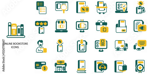 Online Bookstore simple concept 24 colour icons set. Contains such book, education, bookstore, distance, librarian .Vector illustration.