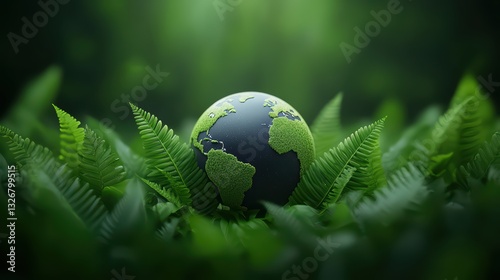 Eco-friendly globe surrounded by lush ferns