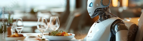 A hightech AI restaurant, where robotic chefs prepare gourmet meals photo