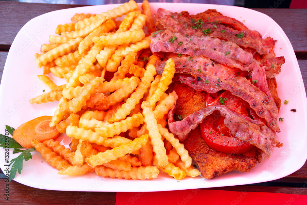 Steak and french fried german style at local restaurant in Heidelberg, Germany Steak and french fried german style at local restaurant in Heidelberg, Germany