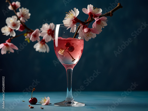 high resolution, real photo, a wine glass, clear pink drink, decorated with a long branch of cherry blossoms in a wine glass, a white straw, a few fallen cherry blossom petals, blue color background