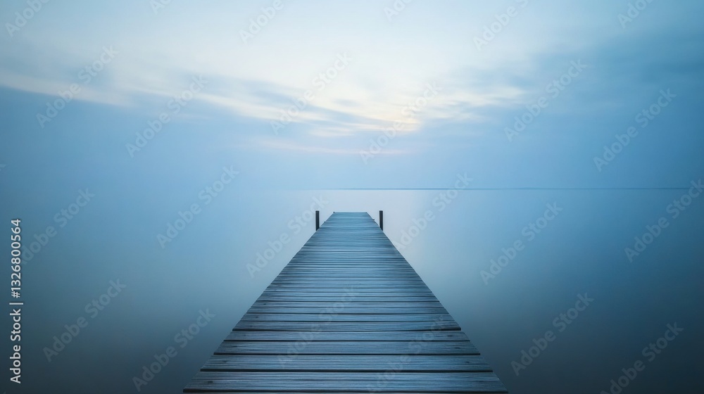 Obraz premium Serene Wooden Pier Extending into Calm Waters Under Soft Blue Sky at Dusk