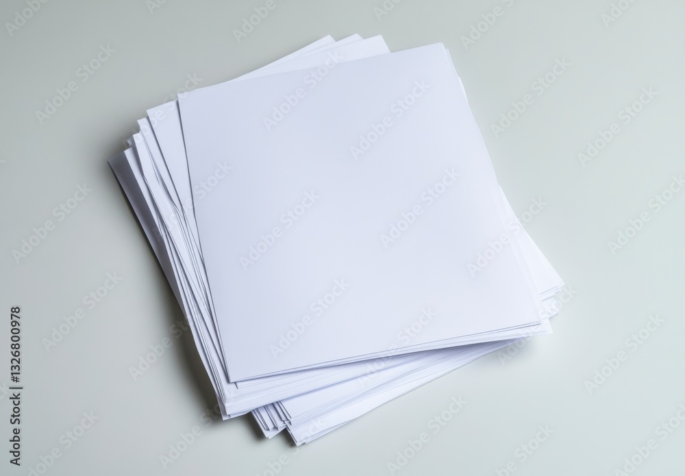 Stack of blank white papers on a light gray surface. Clean, simple, and minimalist.