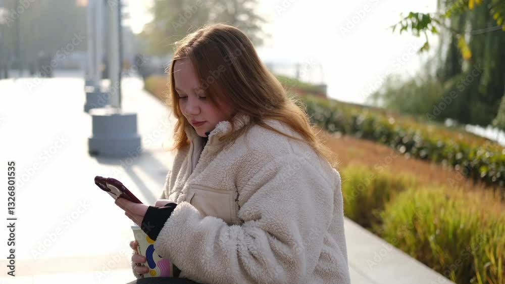 A young red-haired woman in a beige fleece jacket is drinking coffee sitting on a bench by the river and chatting on the phone, against the background of urban landscape