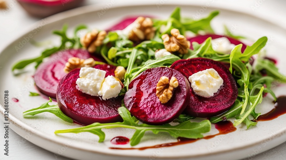 Organic Beetroot Salad with Goat Cheese, Walnuts, and Arugula, Drizzled with Olive Oil and Balsamic Vinegar. Organic Beetroot Salad with Goat Cheese, Walnuts, and Arugula, Drizzled with Olive Oil and Balsamic Vinegar.
