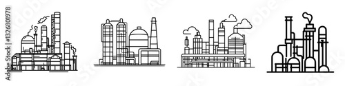Industrial complex showcases diverse factory designs with smokestacks and storage tanks in a linear arrangement