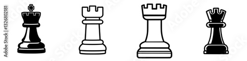Different chess rook designs in black and white, showcasing various styles and details