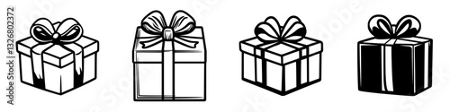 Diverse gift box designs featuring various shapes and bow styles for celebrations and holidays
