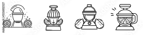 Different types of juice extractors and blenders illustrated in a minimalist style for modern kitchens