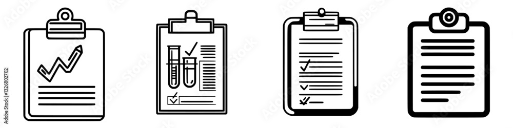 Various clipboards with checklists and graphs for organization and record-keeping activities in office settings Various clipboards with checklists and graphs for organization and record-keeping activities in office settings