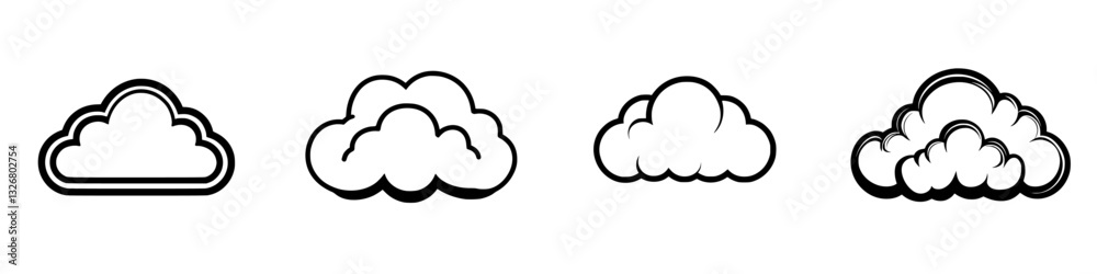 Various cloud shapes and designs in a minimalist style displayed horizontally for artistic inspiration Various cloud shapes and designs in a minimalist style displayed horizontally for artistic inspiration