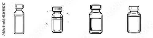 Collection of glass bottles showcasing different shapes and sizes filled with clear liquid against a plain background