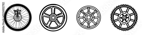 Detail of bicycle wheels showcasing various designs and styles against a minimalist background suitable for cycling enthusiasts