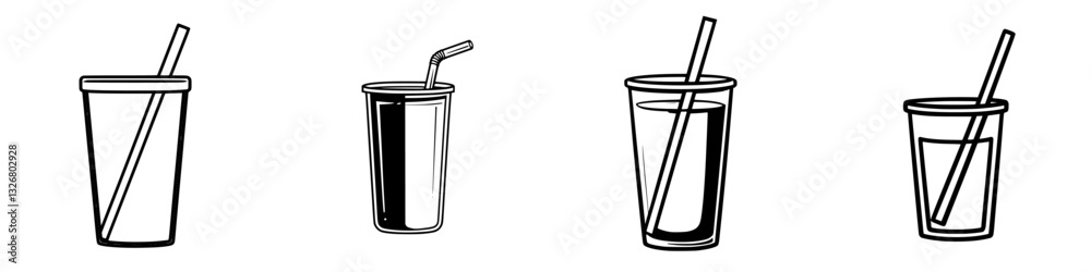 Different styles of disposable drink cups with straws on a plain background for beverage presentations and designs Different styles of disposable drink cups with straws on a plain background for beverage presentations and designs