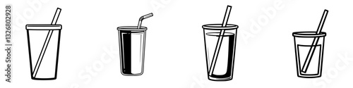 Different styles of disposable drink cups with straws on a plain background for beverage presentations and designs