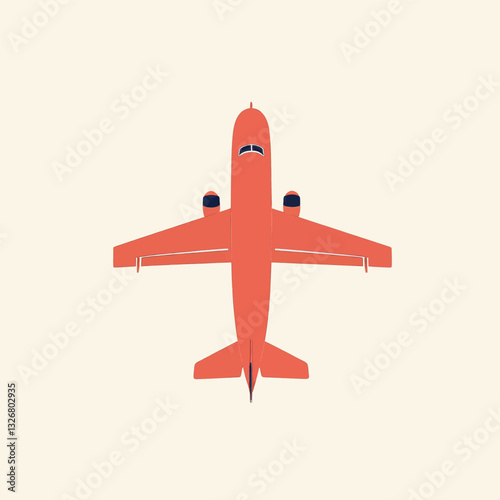 Aerial view of coral airplane on off-white background