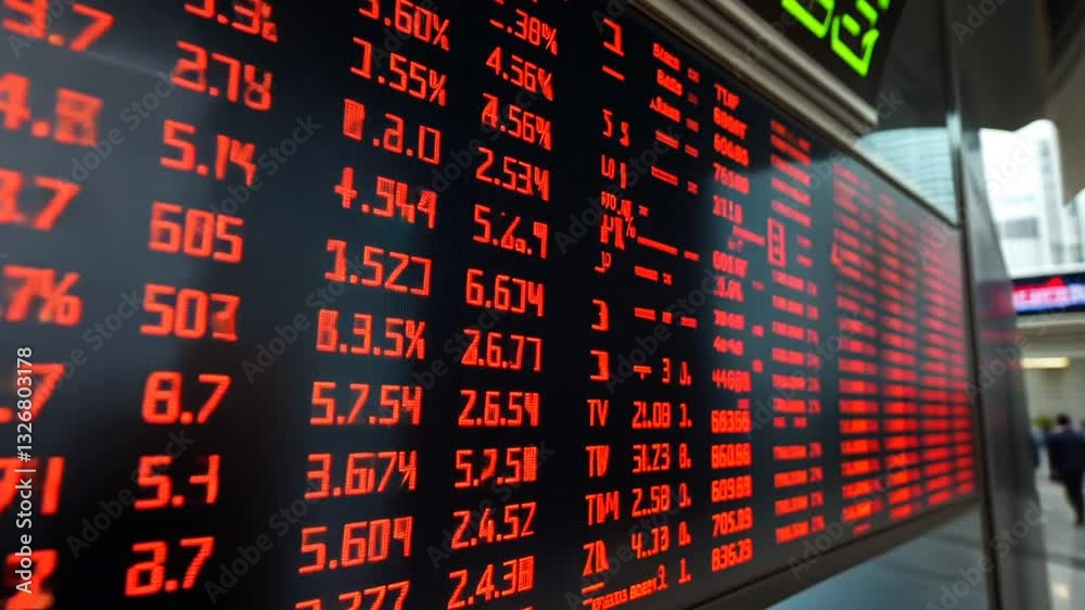 Dynamic Stock Market Ticker Displaying Real-Time Data in an Urban Financial Hub