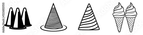Black and white illustrations of different ice cream shapes and cones representing summer treats and dessert options for all ages