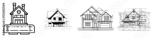 Detailed architectural designs illustrate evolution of a house from concept to presentation over distinct phases