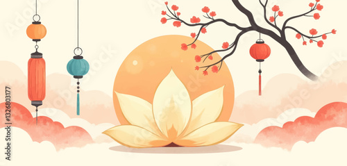 Asian inspired scenery with lotus, lanterns, and cherry blossom