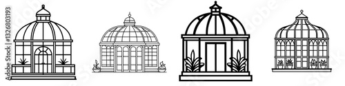 Architectural designs of botanical greenhouses showcasing unique structures and styles in a minimalist artistic form