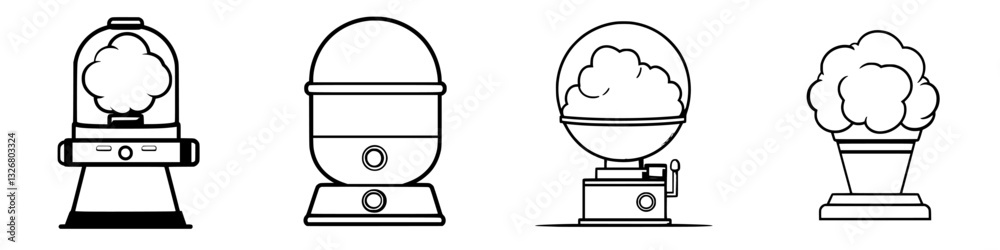 Various styles of cotton candy machines displayed in black and white illustrations capturing the fun of carnival treats Various styles of cotton candy machines displayed in black and white illustrations capturing the fun of carnival treats