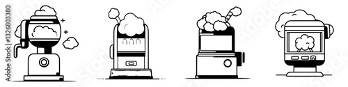 Various vintage machines producing clouds of steam in a playful abstract style