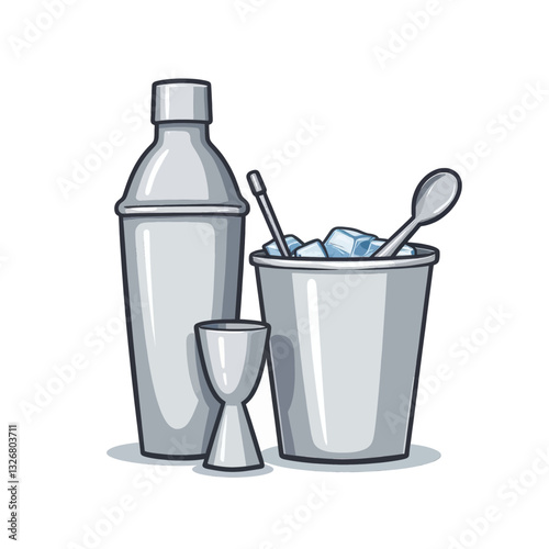 Bartender Tools: Shaker, Jigger, Ice Bucket, Spoon
