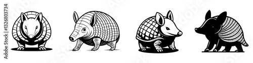 Various artistic representations of armadillos in a bold black and white style showcasing their unique features and shapes