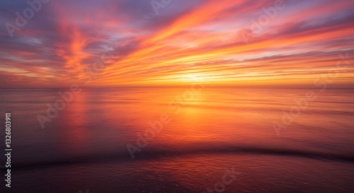 A stunning sunset over the ocean, with warm orange and pink hues reflecting on the water.