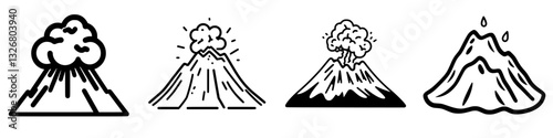 Sketches illustrating various volcanic eruptions with clouds and lava at different stages and styles