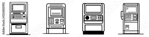 Different types of cash machines lined up in a row showcasing varied designs and functionalities