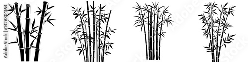Black and white bamboo illustrations showcasing different styles and arrangements in nature