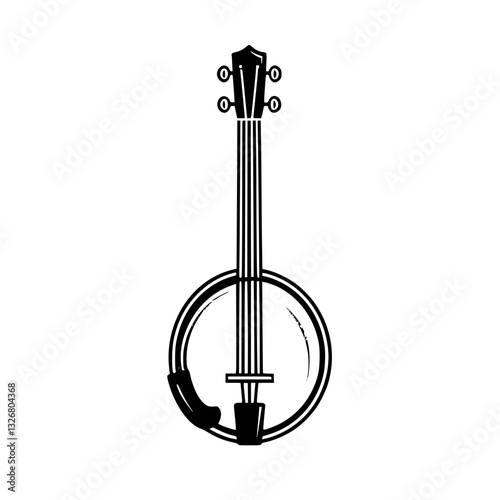 Black and white illustration of a banjo with intricate details showcasing traditional craftsmanship and design elements