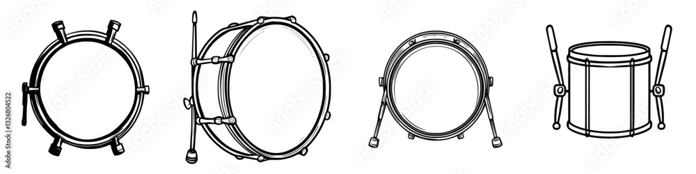 Various styles of hand drums displayed in a row with different shapes and sizes during a music practice session Various styles of hand drums displayed in a row with different shapes and sizes during a music practice session