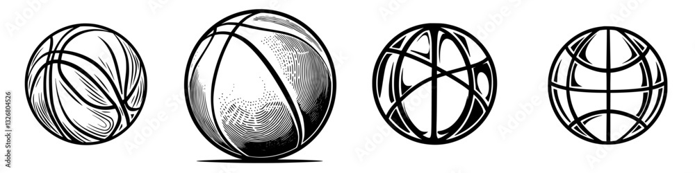 Different styles of basketballs illustrated in a simple black and white design, showing varied textures and patterns Different styles of basketballs illustrated in a simple black and white design, showing varied textures and patterns