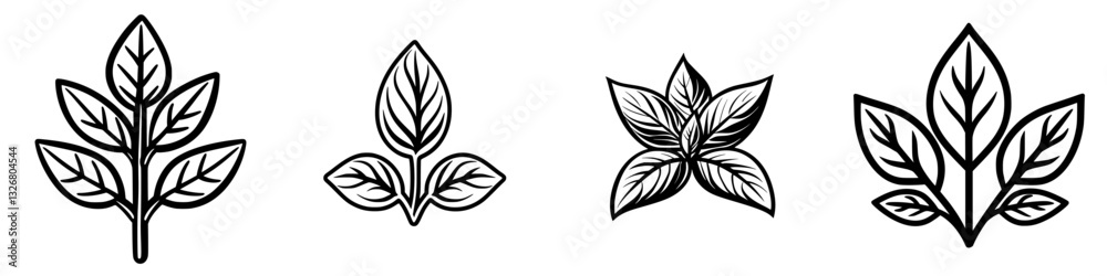 Detailed designs of four different leaf shapes, showcasing nature's variety and decorative potential for art and crafts Detailed designs of four different leaf shapes, showcasing nature's variety and decorative potential for art and crafts
