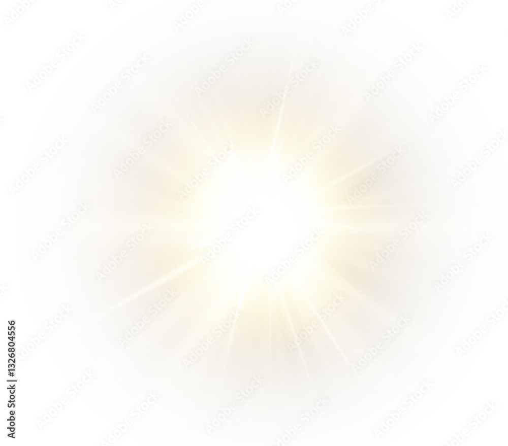 radiant sunlight effect featuring golden beams, glowing sparkles, and warm halo flares. Perfect for sunrise scenes, cosmic designs, energy bursts, and magical abstract backgrounds. Vector PNG