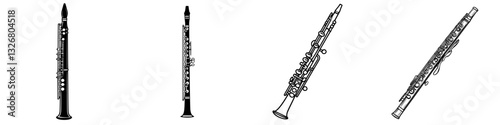 Collection of different styles of oboes displayed horizontally with a clean white background