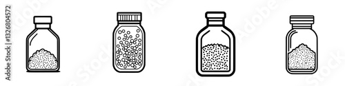 Bottles containing various types of granules arranged in a line on a clean surface