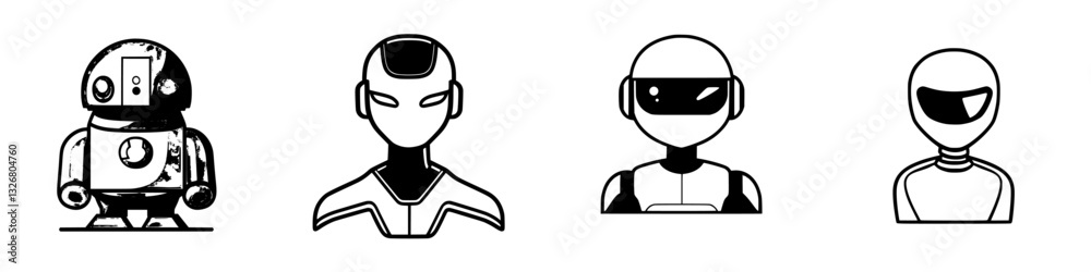 Four futuristic robot and android designs featuring distinct styles and features in a minimalist artistic approach Four futuristic robot and android designs featuring distinct styles and features in a minimalist artistic approach
