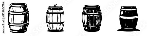 Various types of wooden barrels displayed in a rustic style, showcasing craftsmanship and design features