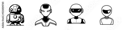 Four futuristic robot and android designs featuring distinct styles and features in a minimalist artistic approach