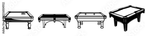 Different styles of pool tables featuring various designs and shapes suitable for recreation
