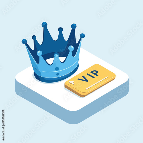 Blue cartoon crown and VIP pass on white platform
